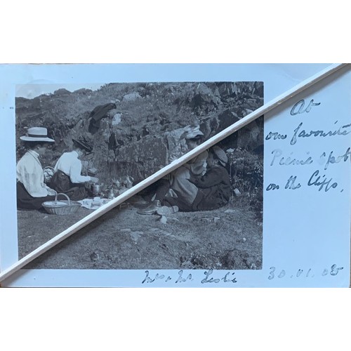 57 - Real photographic postcard, the Leslie family, a picnic on the cliffs Jersey, St Aubins parish postm... 