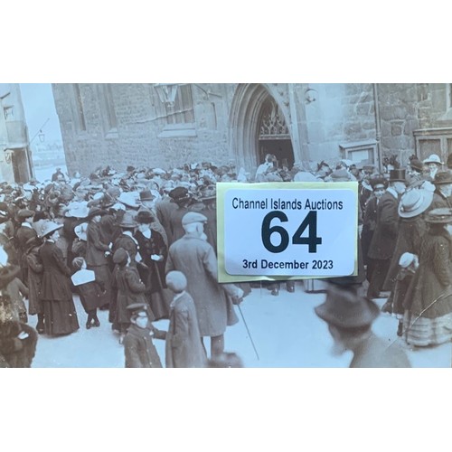 64 - RP postcard, people gathering outside the Town Church Guernsey.