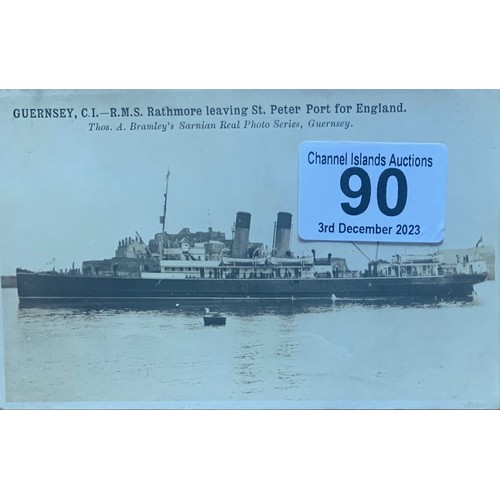 90 - Thomas Bramley real photographic postcard, R.M.S. Rathmore leaving St Peter Port Harbour for England... 