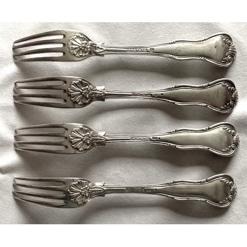 54 - Four early 19th century silver dinner forks, weight 400 gms (4).