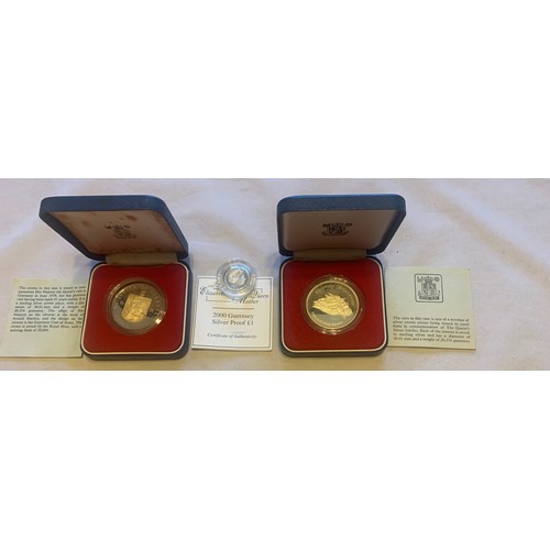 92 - Guernsey and Falklands silver Commemorative coins (5).