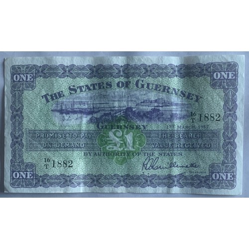 215 - States of Guernsey Banknote, One Pound 1st March 1957, Treasurer Guillemette.