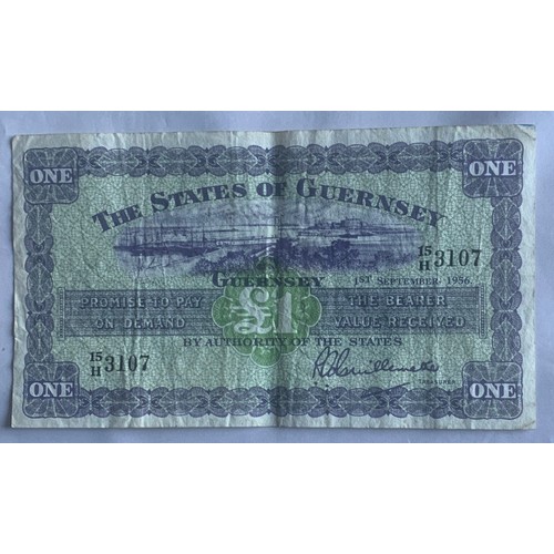 214 - States of Guernsey Banknote, One Pound 1st September 1956, Treasurer Guillemette.