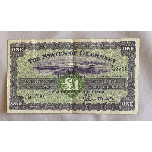 213 - States of Guernsey Banknote, One Pound 1st Febuary 1955, Treasurer Guillemette.