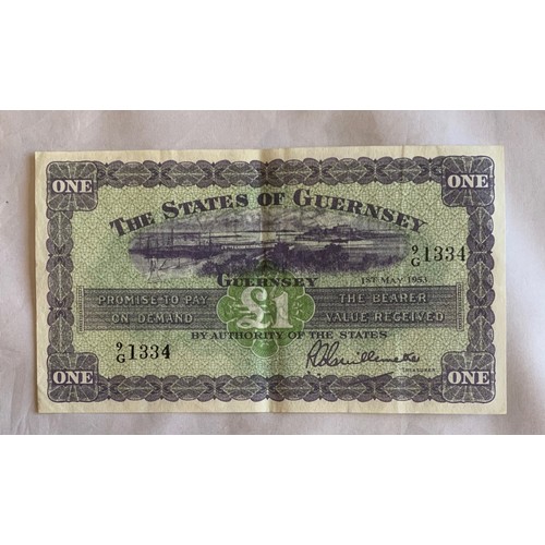 212 - States of Guernsey Banknote, One Pound 1st May 1953, Treasurer Guillemette.