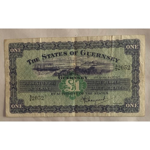 208 - States of Guernsey Banknote, One Pound 1st August 1945, Treasurer Marquand.