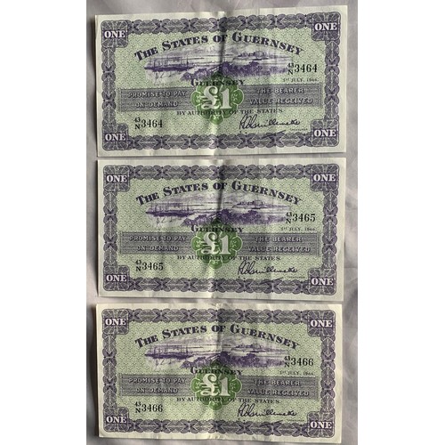 202 - British Banknotes, Three consecutive Guernsey One Pound banknotes 1966, Treasurer Louis Guillemette ... 