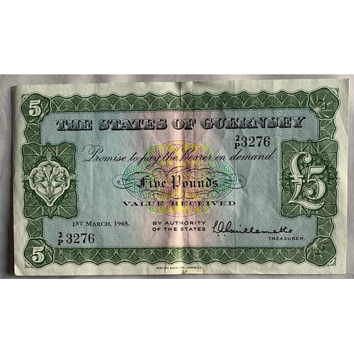 205 - British Banknote, Guernsey Five Pounds banknote 1965, Treasurer Louis Guillemette.