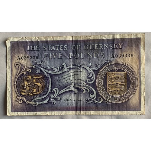 206 - British Banknote, Guernsey Five Pounds banknote signed by Treasurer  Louis Guillemette.