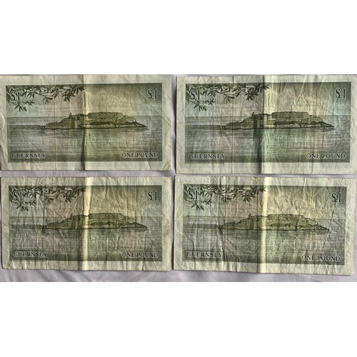 207 - British Banknotes, Four Guernsey One Pound banknotes, two signed Treasurer  Louis Guillemette, two s... 