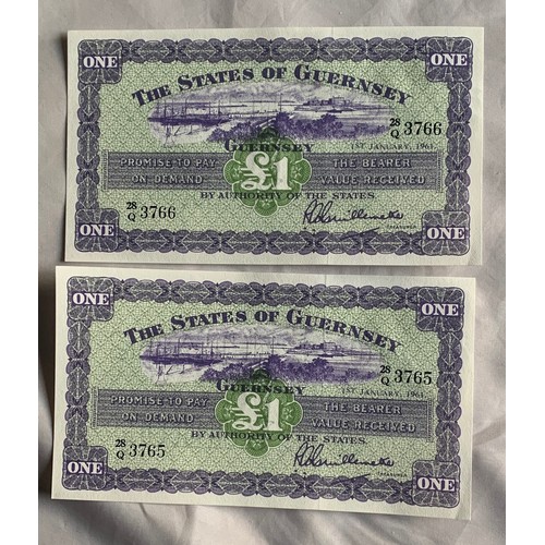 203 - British Banknotes, Two consecutive Guernsey One Pound banknotes 1961, Treasurer Louis Guillemette (2... 