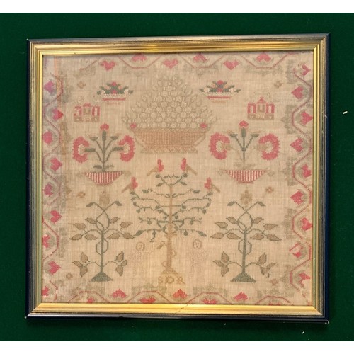 253 - Channel Islands (Guernsey) Adam and Eve sampler circa 1820, with meandering border, tree of life, bi... 