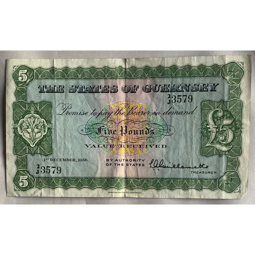 204 - British Banknote, Guernsey Five Pounds banknotes 1956, Treasurer Louis Guillemette.