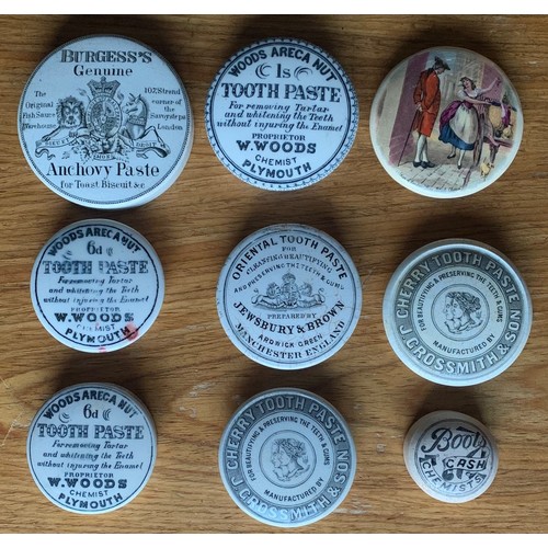 3 - Nine various ceramic pot lids, including Oriental and Areca nut toothpaste (9).