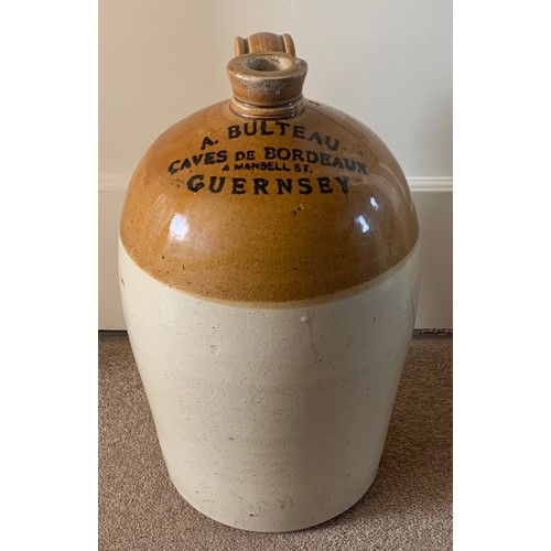 18 - Stoneware two tone flagon, with black transfer 'A.Bulteau Caves De Bordeaux 4 Mansell Street Guernse... 