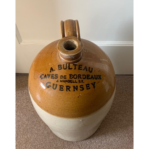 18 - Stoneware two tone flagon, with black transfer 'A.Bulteau Caves De Bordeaux 4 Mansell Street Guernse... 