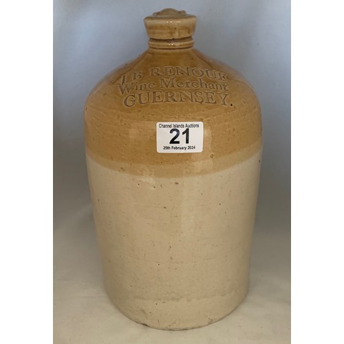 21 - Stoneware two tone flagon, impressed 'J.B. Renouf Wine Merchant Guernsey' 29cm high.