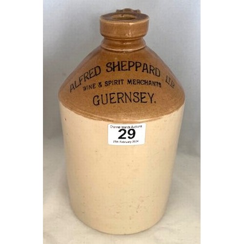 29 - Stoneware two tone flagon, with black transfer 'Alfred Sheppard Ltd. Wine and Spirit Merchants Guern... 