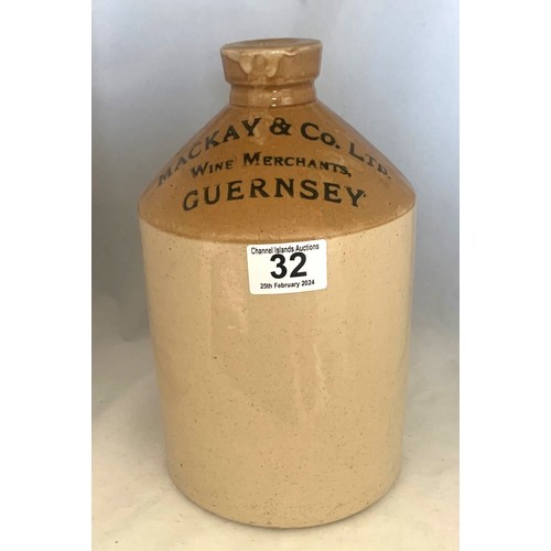 32 - Stoneware two tone flagon, with black transfer 'Mackay & Co. Ltd Wine Merchants Guernsey' half gallo... 