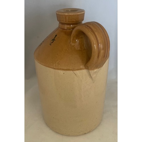 32 - Stoneware two tone flagon, with black transfer 'Mackay & Co. Ltd Wine Merchants Guernsey' half gallo... 