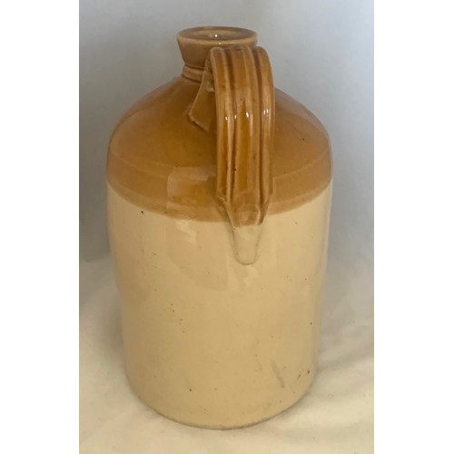 33 - Stoneware two tone flagon, with black transfer 'A.Sheppard Guernsey', half gallon size, 26cm high.