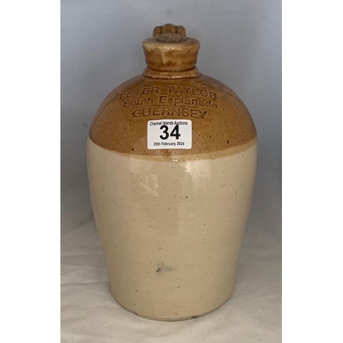 34 - Stoneware two tone flagon, incised 'Peter Taylor South Esplanade Guernsey' half gallon size, 26.5cm ... 