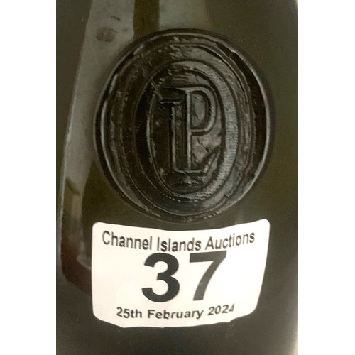 37 - Black glass wine bottle, with seal 'LP', attributed to the Le Pelley family of Guernsey, 30cm high.