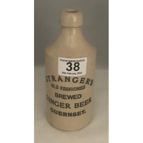 38 - Stoneware white glazed bottle with black transfer 'Strangers Old Fashioned Brewed Ginger Beer Guerns... 