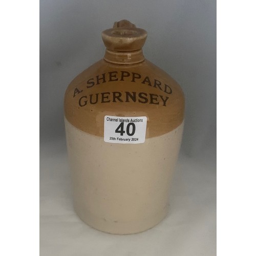 40 - Stoneware two tone flagon, with black transfer 'A.Sheppard Guernsey' quarter gallon size 21cm high.