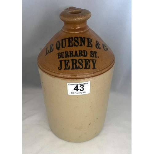 43 - Stoneware two tone flagon, with black transfer 'Le Quesne & Co. Burrard St. Jersey' half gallon size... 