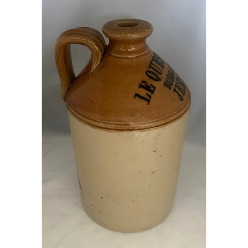 43 - Stoneware two tone flagon, with black transfer 'Le Quesne & Co. Burrard St. Jersey' half gallon size... 