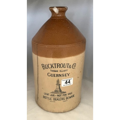 44 - * Restoration project. Stoneware two tone flagon, with pictorial black and white transfer, depicting... 