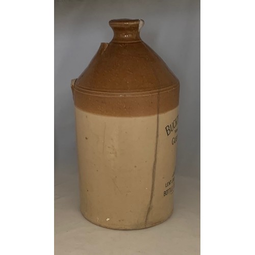 44 - * Restoration project. Stoneware two tone flagon, with pictorial black and white transfer, depicting... 