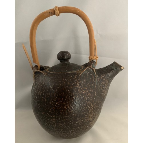 51 - Studio pottery teapot and cover, with bamboo loop handle, potters initials impressed to base, 17cm w... 