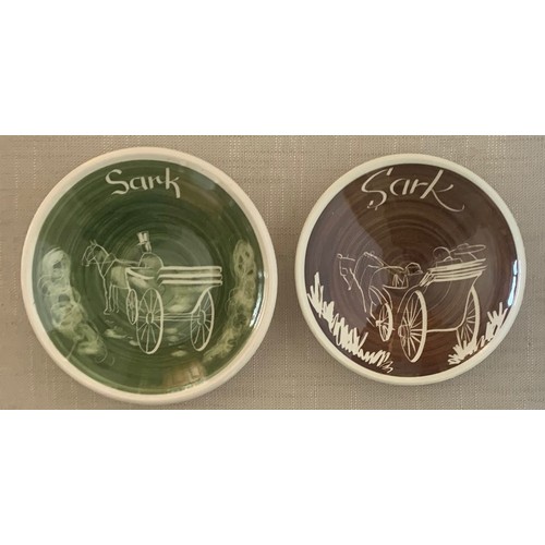 58 - Two unusual small trinket dishes, by The Jersey Pottery circa 1970, each with a hand drawn depiction... 