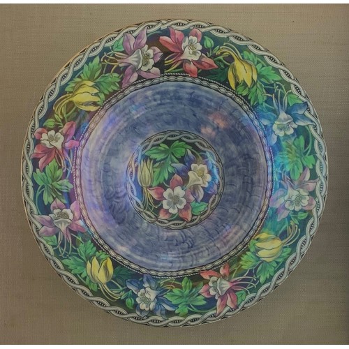 59 - Maling lustre ware fruit bowl, with ropework and  floral border and centre, 28cm diameter.