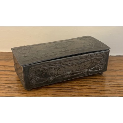 64 - German pewter Art Nouveau stamp box by Orsis, the hinged oblong lid decorated with a Post Horn, open... 