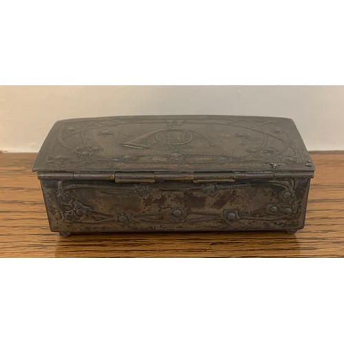 64 - German pewter Art Nouveau stamp box by Orsis, the hinged oblong lid decorated with a Post Horn, open... 