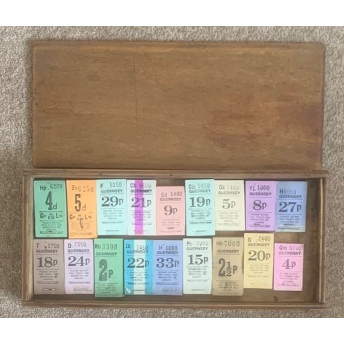 70 - A collection of Guernsey unused Bus tickets in original wooden box with sliding lid.