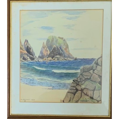 135 - English school, 20th century, Alderney coastal scene, watercolour, signed with monogram and dated 19... 