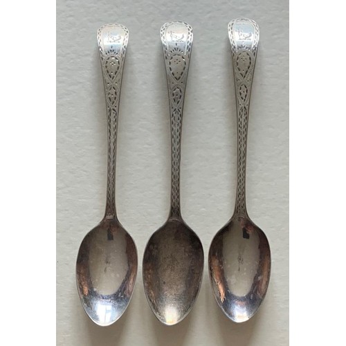 114 - Three 18th century Channel Island silver spoons, by PN (Jersey circa 1780-1790) with bright cut deco... 