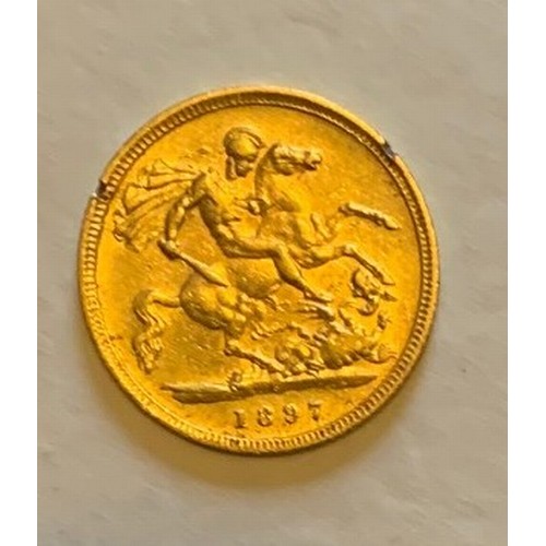 91 - Victorian gold half Sovereign, dated 1897, a/f two nicks to the edges, weight  3.99 gms.