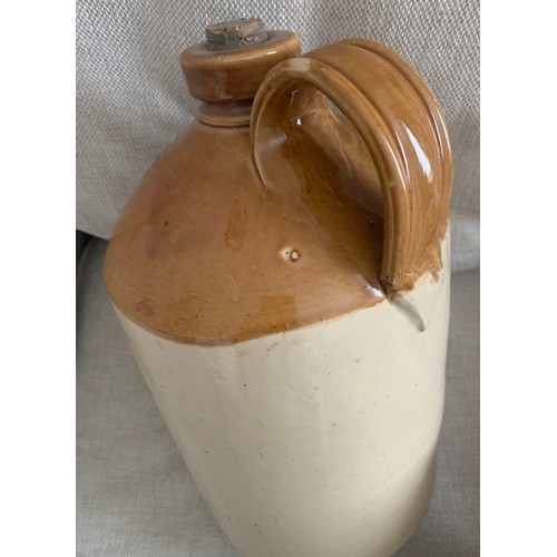 31 - Stoneware two tone flagon, with black transfer 'E. & W.Guppy Les Amballes Guernsey' one gallon size ... 