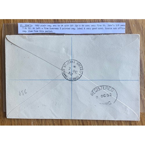 57 - Guernsey sub post office, St Johns, registered envelope 7th Oct 52 with  Guernsey 5 Registered label... 