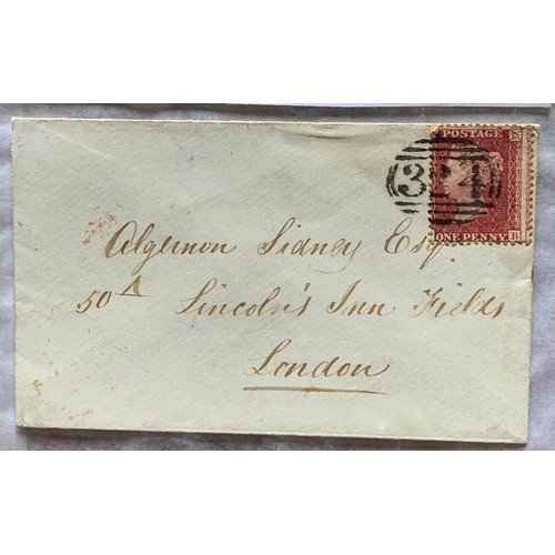 72 - 1857 envelope to London with 324 Duplex on penny red postage stamp.