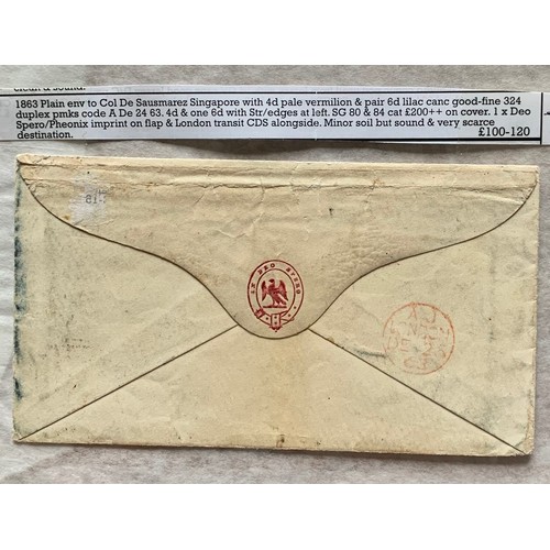 73 - 1863 envelope from Guernsey  to Colonel de Saumarez Singapore, with three Queen Victoria postage sta... 