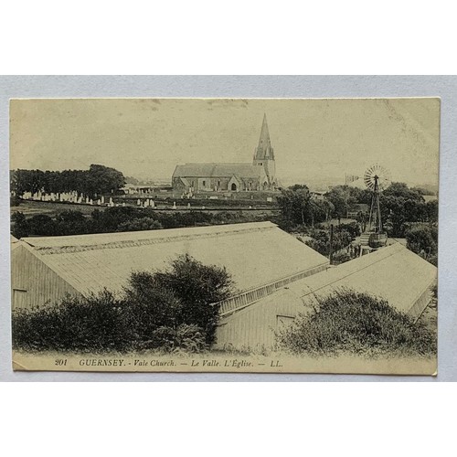 90 - Guernsey LL series postcard 201, Vale Church (distant view), green back.
