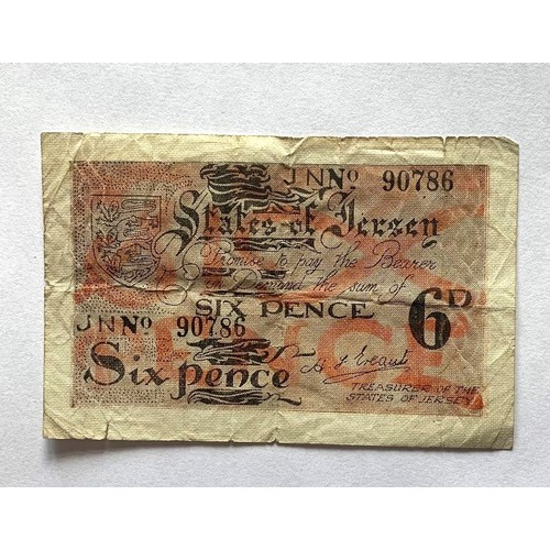 120 - British Banknotes, WW2 Jersey under German Occupation, Six Pence No. 90786 Treasurer Ereut