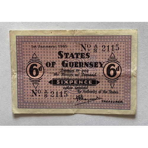 121 - British Banknotes WW2 Guernsey under German Occupation, States of Guernsey, Sixpence No. AS 2115 1st... 