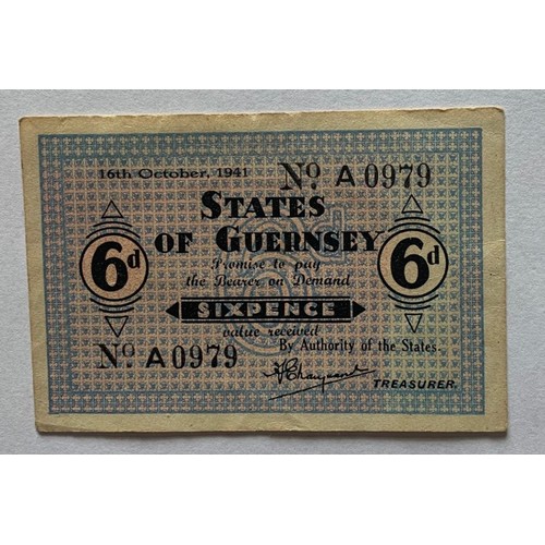 122 - British Banknotes, WW2 Guernsey under German Occupation, States of Guernsey, Sixpence, printed on bl... 